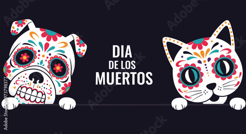 Sugar skull inspired cat and dog illustrations for Day of the Dead celebration with colorful floral patterns and text.