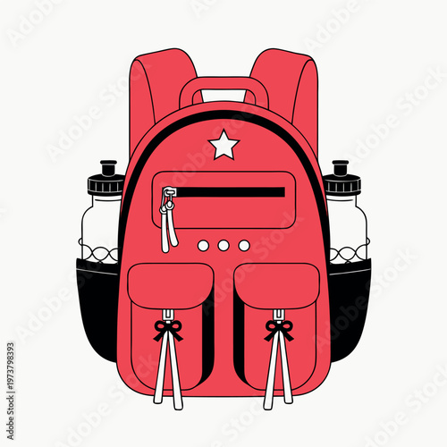 a red school backpack with front pockets and water bottles