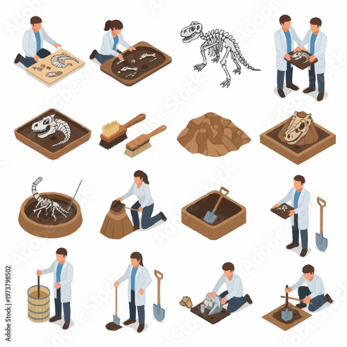 People excavating dinosaur bones fossils.