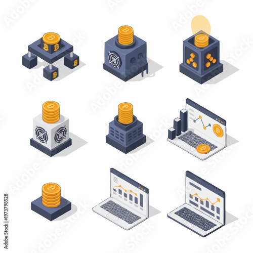 Business finance icons on computers.