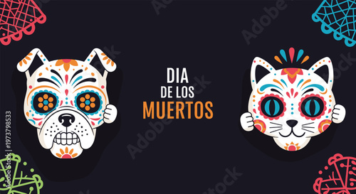 Traditional Dia de los Muertos sugar skull masks for a cat and a dog with vibrant Mexican floral decorations and text.