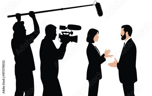 Silhouette of tv crew filming an interview with businesspeople vector illustration EPS PNG file