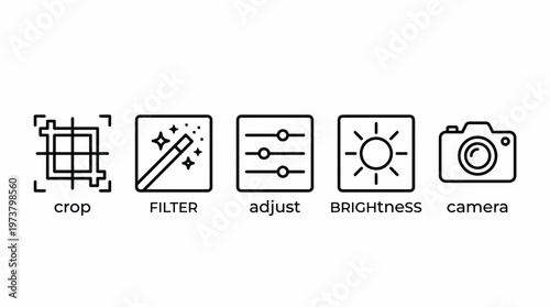 A collection of icons representing photo editing tools and camera functions