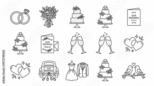 Elegant line art icons for wedding celebration featuring rings, cake, dress, and love symbols