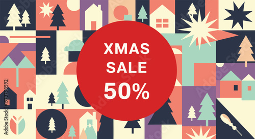 Modern Christmas sale banner featuring abstract trees and houses with a large red circle for discount text.