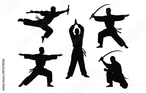 Five black silhouettes of martial artists in dynamic action poses vector illustration EPS PNG file