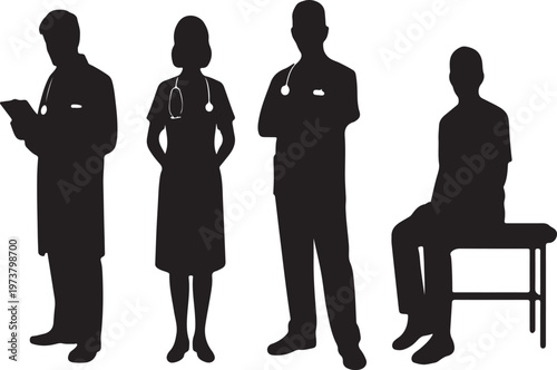 Silhouettes of medical professionals, doctor, nurse, and patient vector illustration EPS PNG file