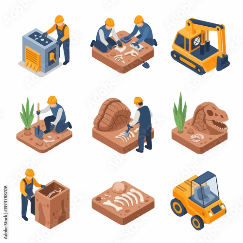 Workers excavating dinosaur fossil bones.