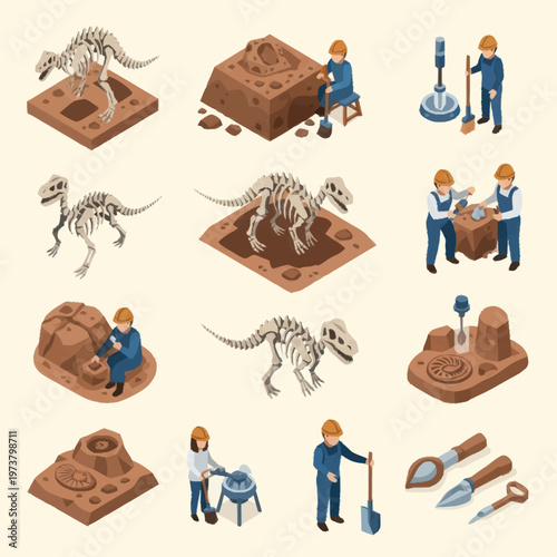 Dinosaur excavation process with tools.