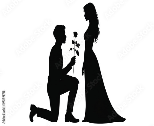 Man kneeling offering rose to woman in evening dress silhouette vector illustration EPS PNG file