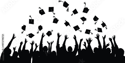 Silhouette of many graduates joyfully throwing their academic caps into the air during a celebratory event.