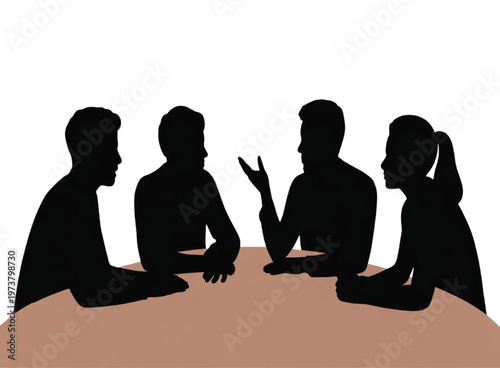 Silhouettes of four people in a group discussion, sitting on a plain background vector illustration EPS PNG file