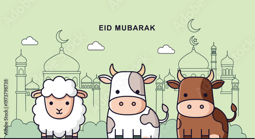Cute cartoon sheep, cow, and bull with Eid Mubarak text and mosque illustrations, celebrating Islamic festival.
