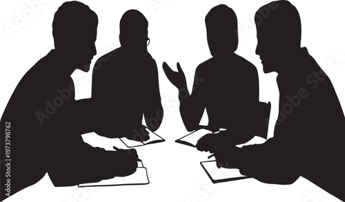 Silhouettes of four people sitting in a discussion or meeting vector illustration EPS PNG file
