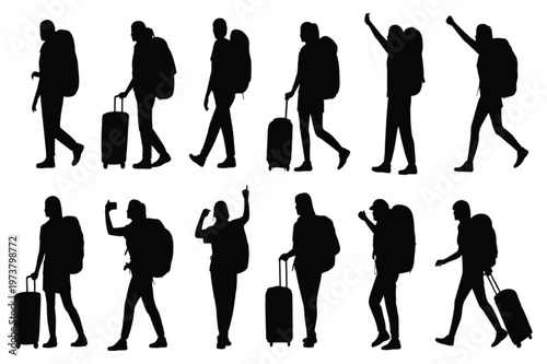 Collection of twelve silhouetted figures with backpacks and luggage vector illustration EPS PNG file