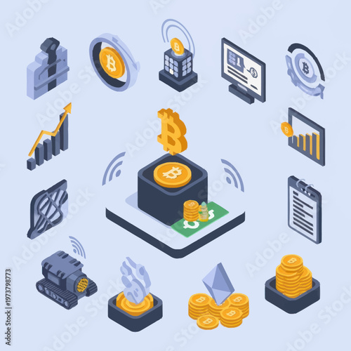 Digital currency and finance icons.