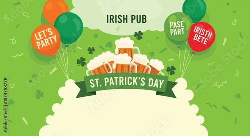 Festive St. Patrick's Day illustration with beer mugs, green balloons, and clovers for an Irish pub event or party invite.