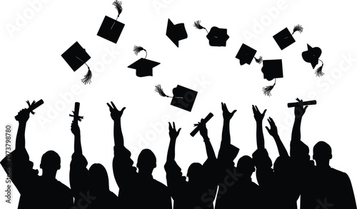Diverse group of graduates celebrating with caps and diplomas tossed in the air, symbolizing achievement and success.