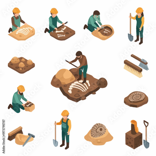 Workers excavating dinosaur fossil bones.