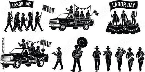 Labor Day parade with diverse people, trucks, flags, and marching band celebrating American workers and industry.