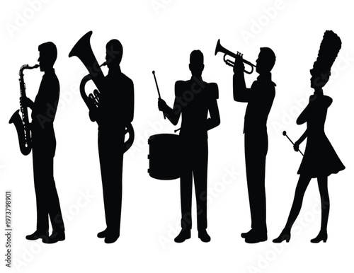 Silhouettes of musicians playing jazz instruments in black and white vector illustration EPS PNG file
