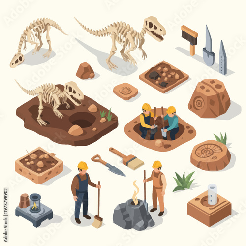 Dinosaur Fossil Excavation Site Workers Tools.