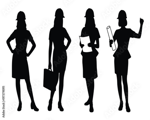 Four black silhouettes of women in business attire holding vector illustration EPS PNG file
