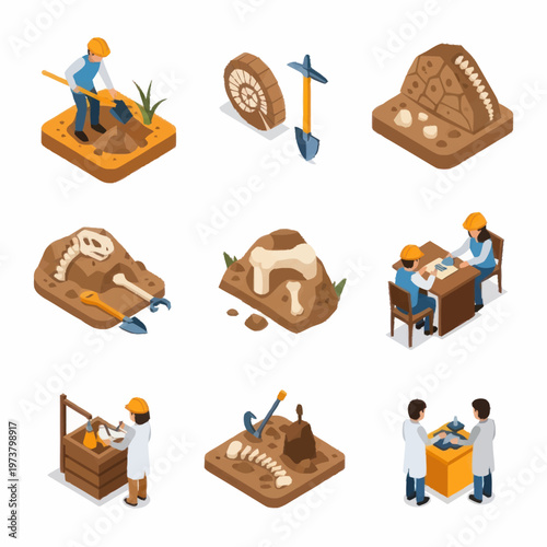 Paleontologists excavating dinosaur fossil bones.