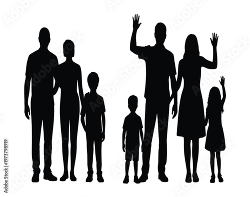 Black and white silhouette of four families waving vector illustration EPS PNG file