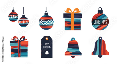 Set of modern Christmas holiday icons including ornaments, gift boxes, a bell, and a tag with a painterly texture.