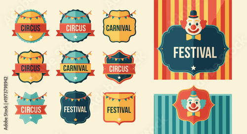 Vintage circus and carnival badges collection featuring colorful labels with clown faces and decorative banners on a yellow background.