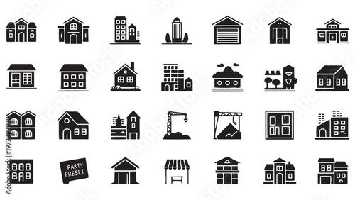 Urban Building and Property Glyph Icon Set for Real Estate App Design, Neighborhood Development and Architecture Interface Projects