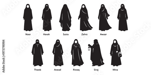 Islamic women fashion silhouettes set, 11 black vector icons of abaya and niqab styles, traditional modest clothing collection for middle eastern culture