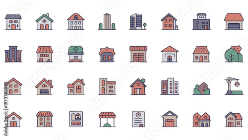 Colorful Architecture and Real Estate Building Icon Set for Property Listings, Neighborhood App Interface and Urban Development Design