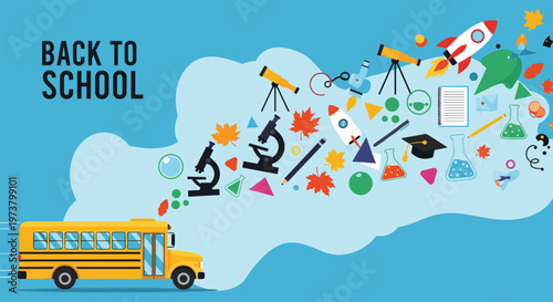 Creative back to school concept with a yellow school bus trailing a cloud of various educational, science, and space related icons.