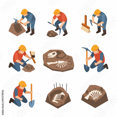 Paleontologists excavating fossils with tools.