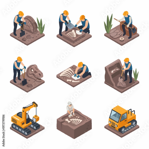 Workers excavating dinosaur fossil bones.