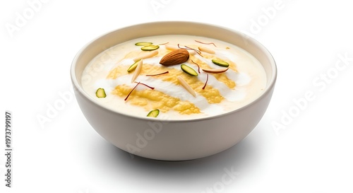 Creamy dessert bowl with almond pistachio and saffron on white background sweet food
