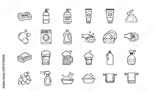 Elegant foam outline icons set with soap cleaning skincare and beer symbols premium vector isolated on white
