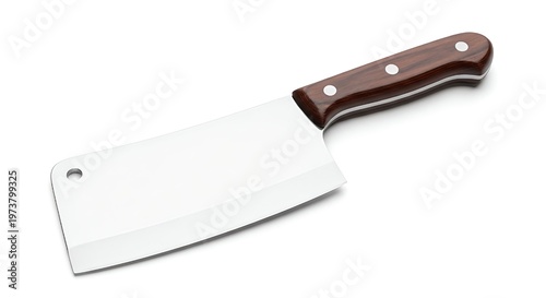 Butcher knife with wooden handle on white background stainless steel blade and silver rivets for kitchen use