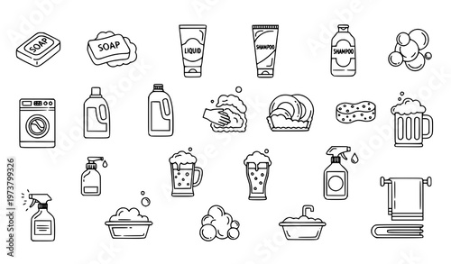 Modern foam icons collection with soap cleaning skincare and beer symbols outline vector isolated on white