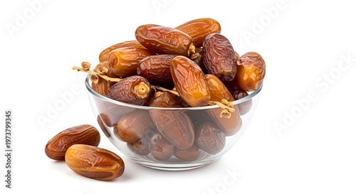 Fresh brown dates in a clear glass bowl on white background with some spilling out