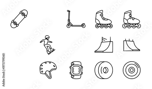 Skate outline icons set with skateboard scooter roller skates and street sport symbols vector isolated on white