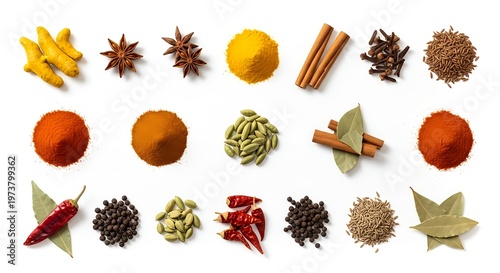 Variety of spices and herbs on white background for cooking and recipe use