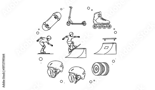 Elegant skate outline icons set with skateboard scooter roller skates and street sport symbols premium vector isolated on white