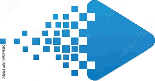 Digital play button transforms into pixelated squares moving away from the viewer.