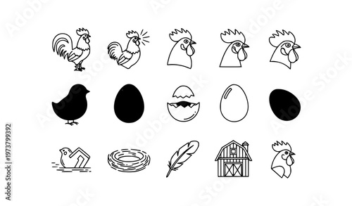 Elegant cockerel rooster icons set with poultry farm chicken and egg symbols premium filled and outline vector isolated on white