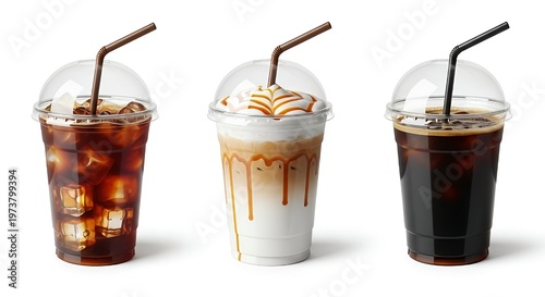 Three cold coffee drinks in clear plastic cups with straws ice and caramel syrup on white background