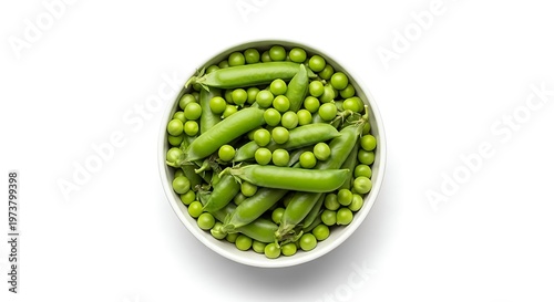 Fresh green peas and pods in a white bowl on a plain background healthy food concept with vibrant vegetables