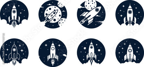 Collection of stylized rocket ship icons in circular frames for space exploration themes.